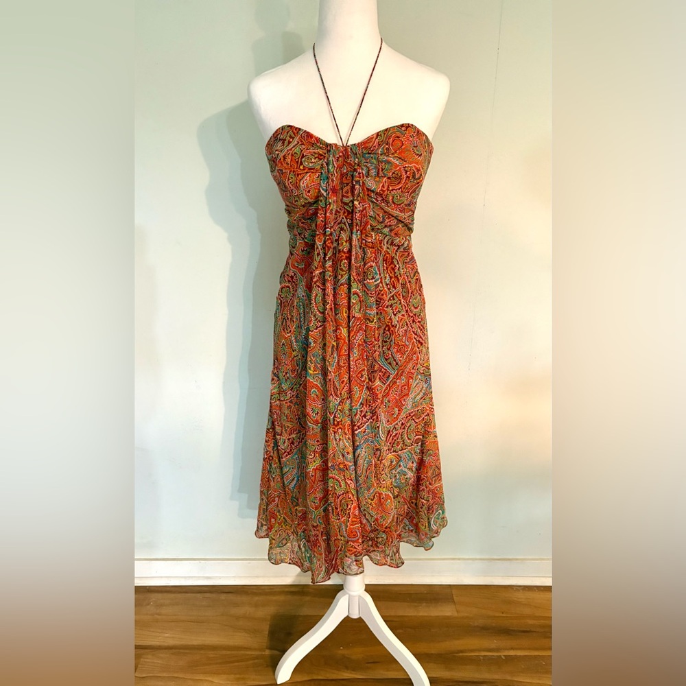 NWT, Shoshanna Silk Midi Dress, Halter and Heart Shaped Neckline, Size 4